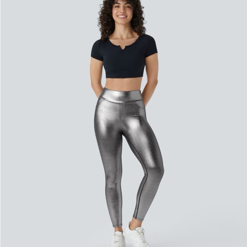 Halara SoftlyZero Faux Leather High Waisted Pocket Work Leggings Medium Silver - Picture 7 of 9